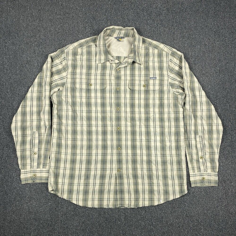 Eddie Bauer Shirt Mens Green Plaid Long Sleeve Button Up Vented Shirt Size Large